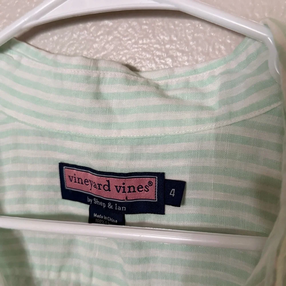 Vineyard Vines Women's Light Green Striped Linen Button Down Shirt size 4 - Picture 3 of 5